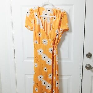 Madewell Puff-Sleeve Wrap Midi Dress in Ikat Floral Medium Golden Lantern Yellow